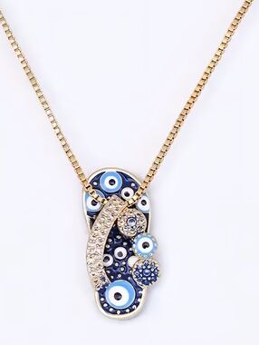 CZ Blue Evil Eye Mini Flip Flop Gold Plated Pendant Chain Link Necklace Jewelry